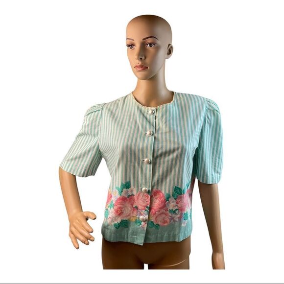 WILDFLOWER COLLECTION BY JC Penney WOMEN’S VINTAGE GREEN FLOWER SHIRT.SIZE M. - Picture 6 of 16